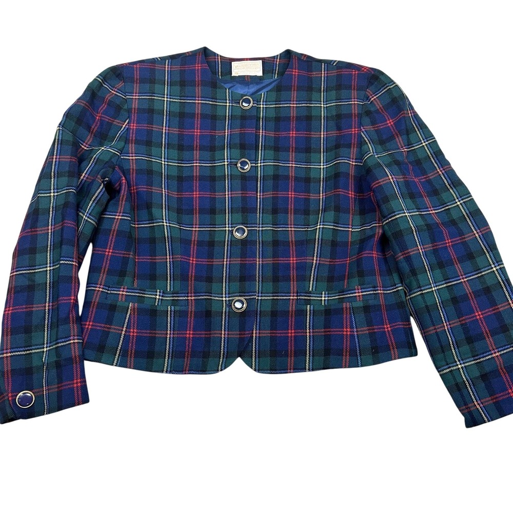 Pendleton Plaid Wool Blazer 14 Blue Green Collarless Vintage Academia Preppy